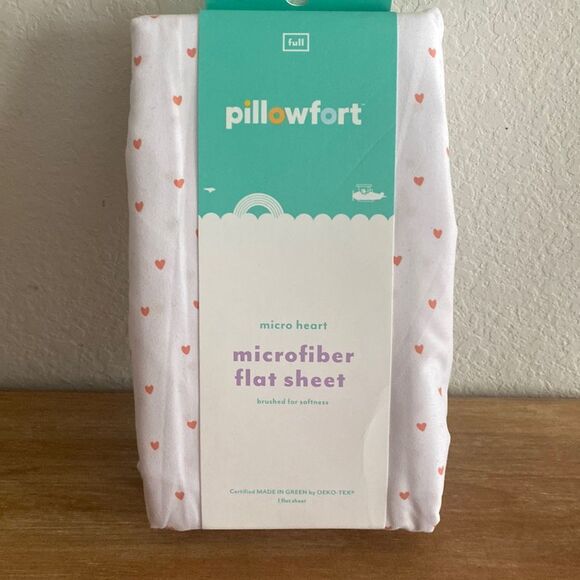 NWT Pillowfort white flat sheet mini hearts print microfiber full size bedding - Picture 1 of 3
